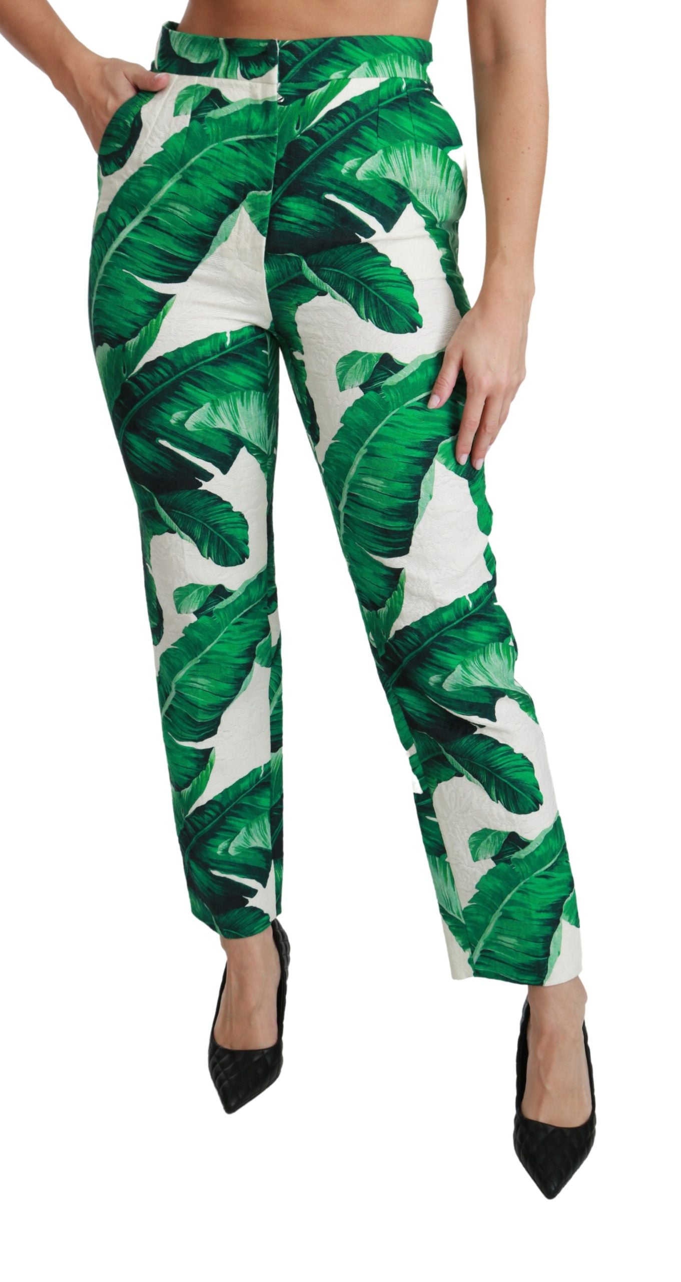 Dolce & Gabbana Elegant Green Brocade Pants with Banana Leaf Print