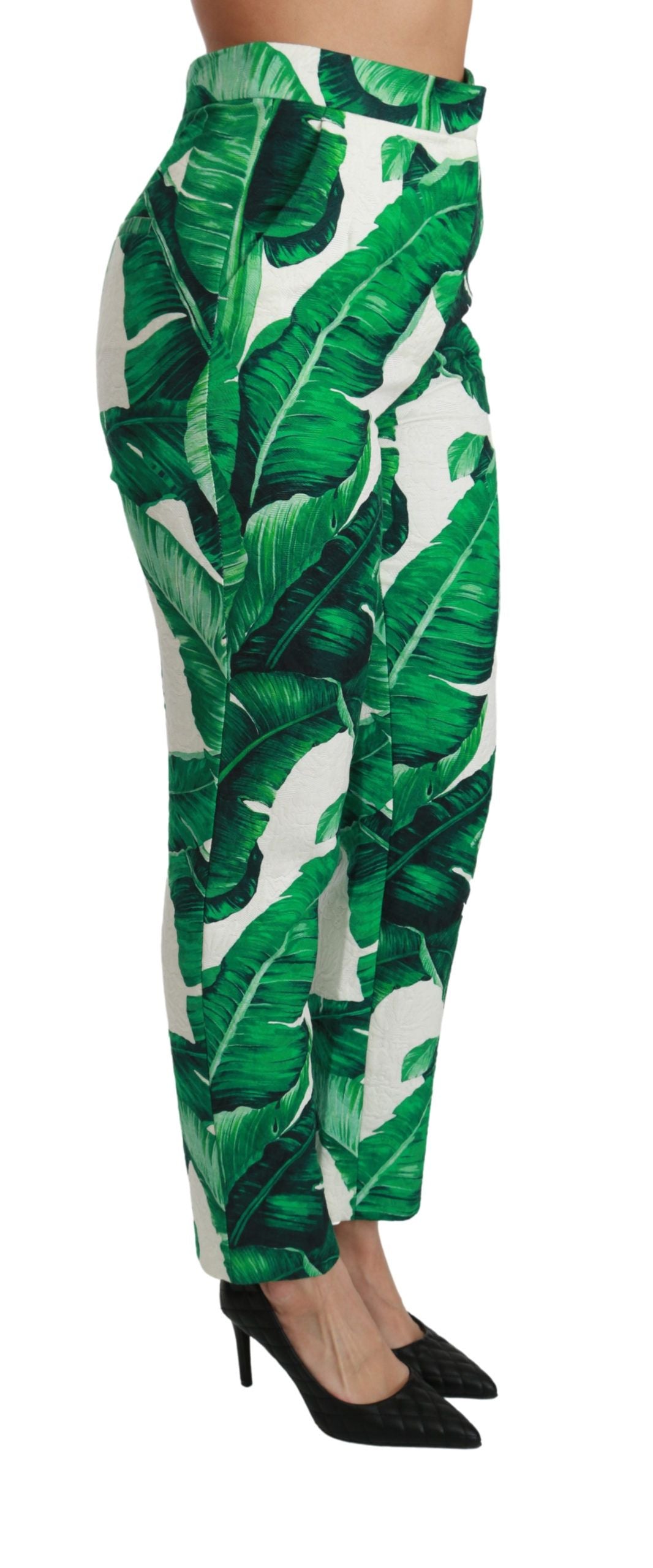 Dolce & Gabbana Elegant Green Brocade Pants with Banana Leaf Print