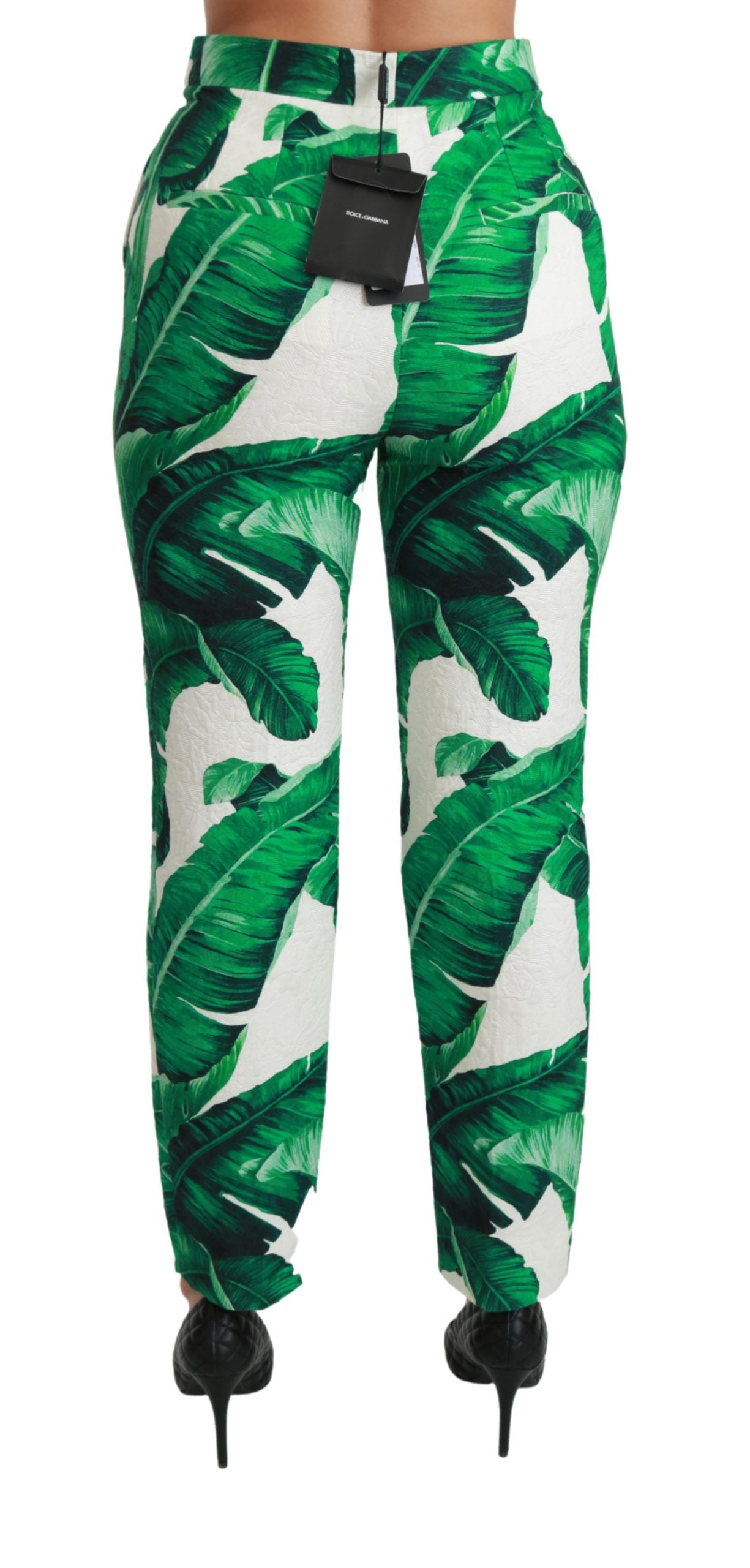 Dolce & Gabbana Elegant Green Brocade Pants with Banana Leaf Print