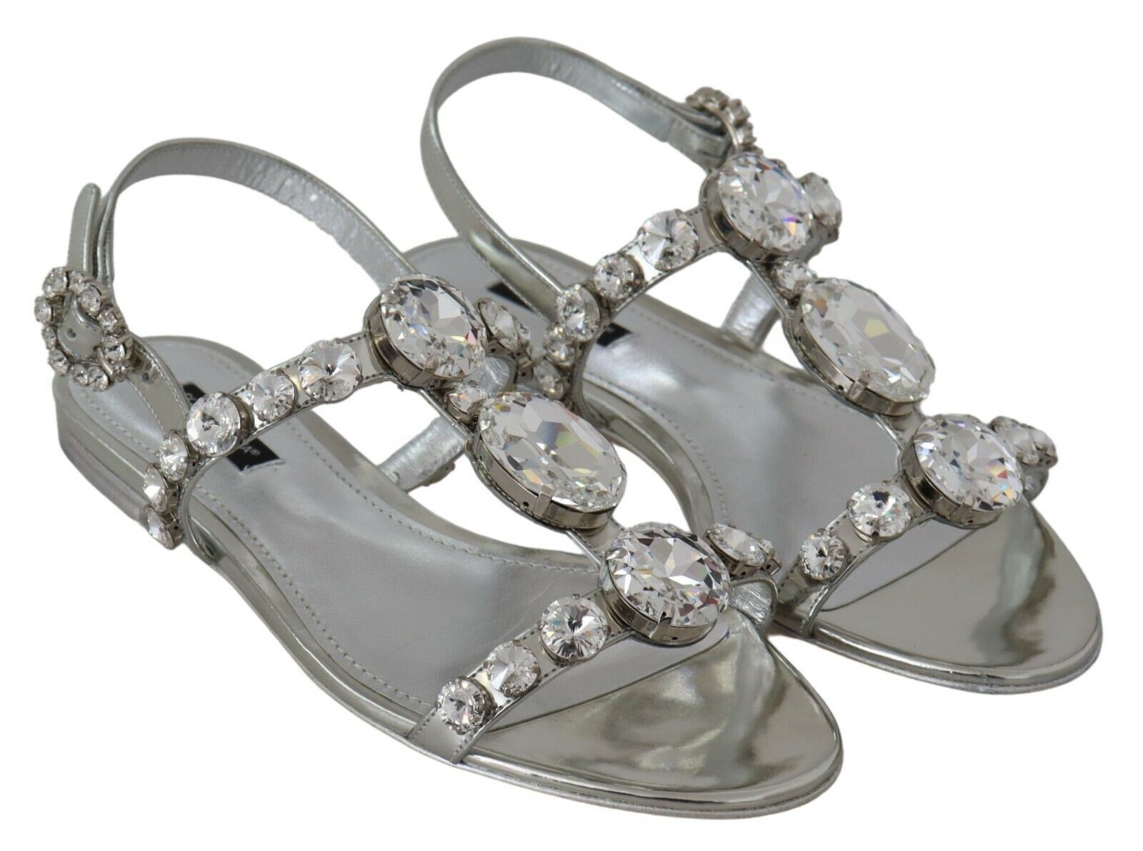 Dolce & Gabbana Crystal Embellished Silver Leather Sandals