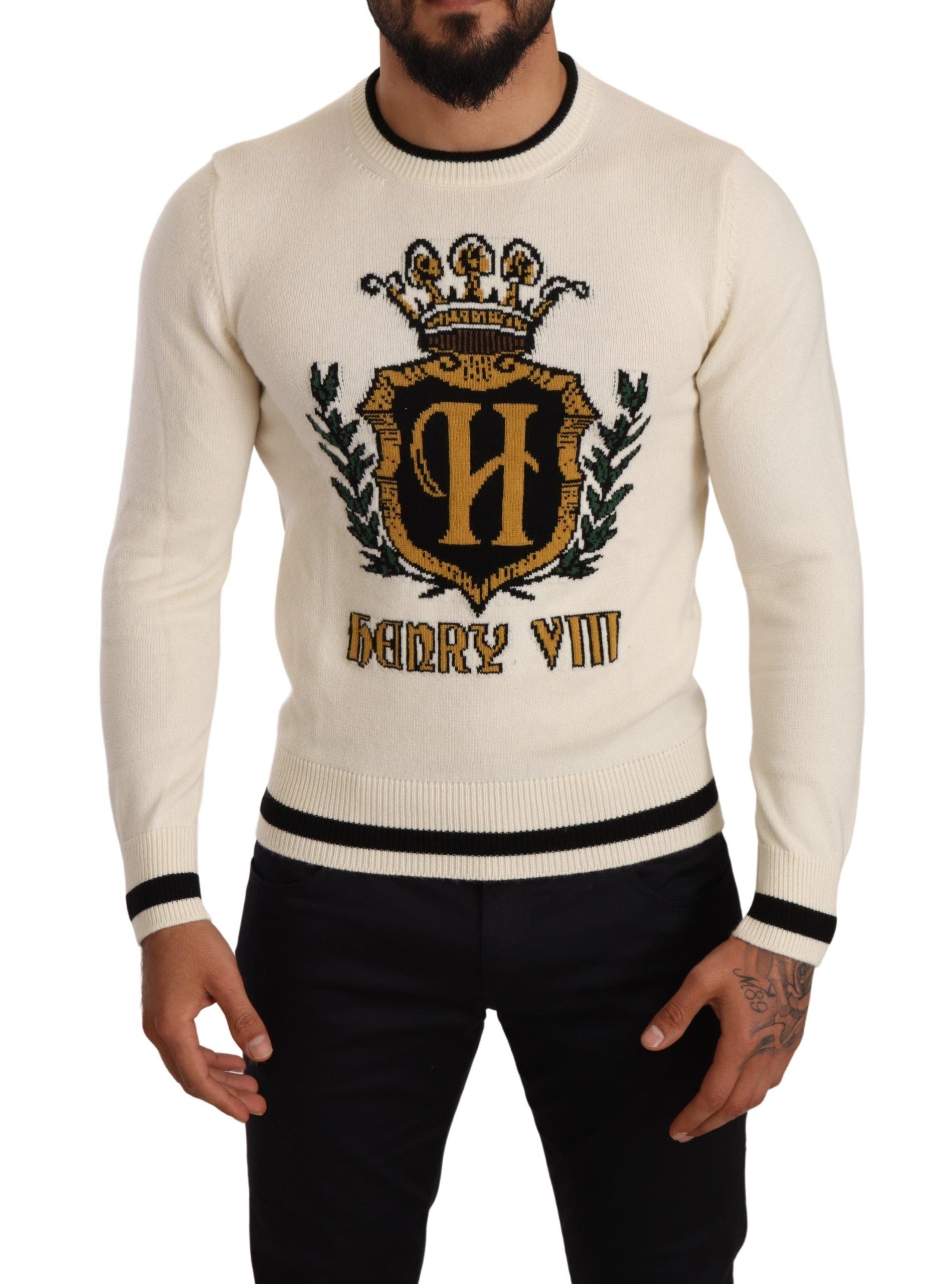 Dolce & Gabbana Elegant Snow-White Heraldic Cashmere Sweater