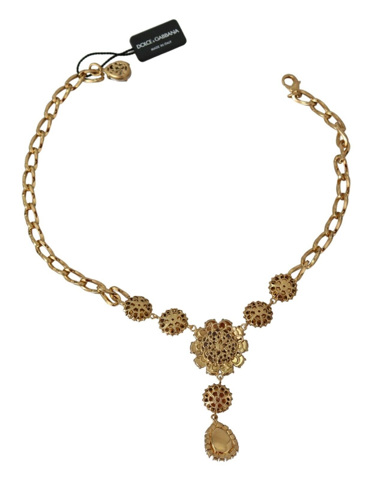 Dolce & Gabbana Elegant Gold Crystal Floral Charm Necklace