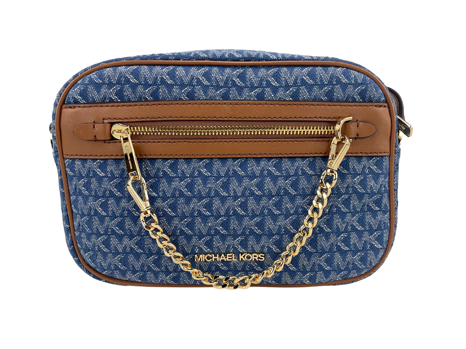 Michael Kors Jet Set East West Denim Signature Zip Chain Crossbody Bag Purse