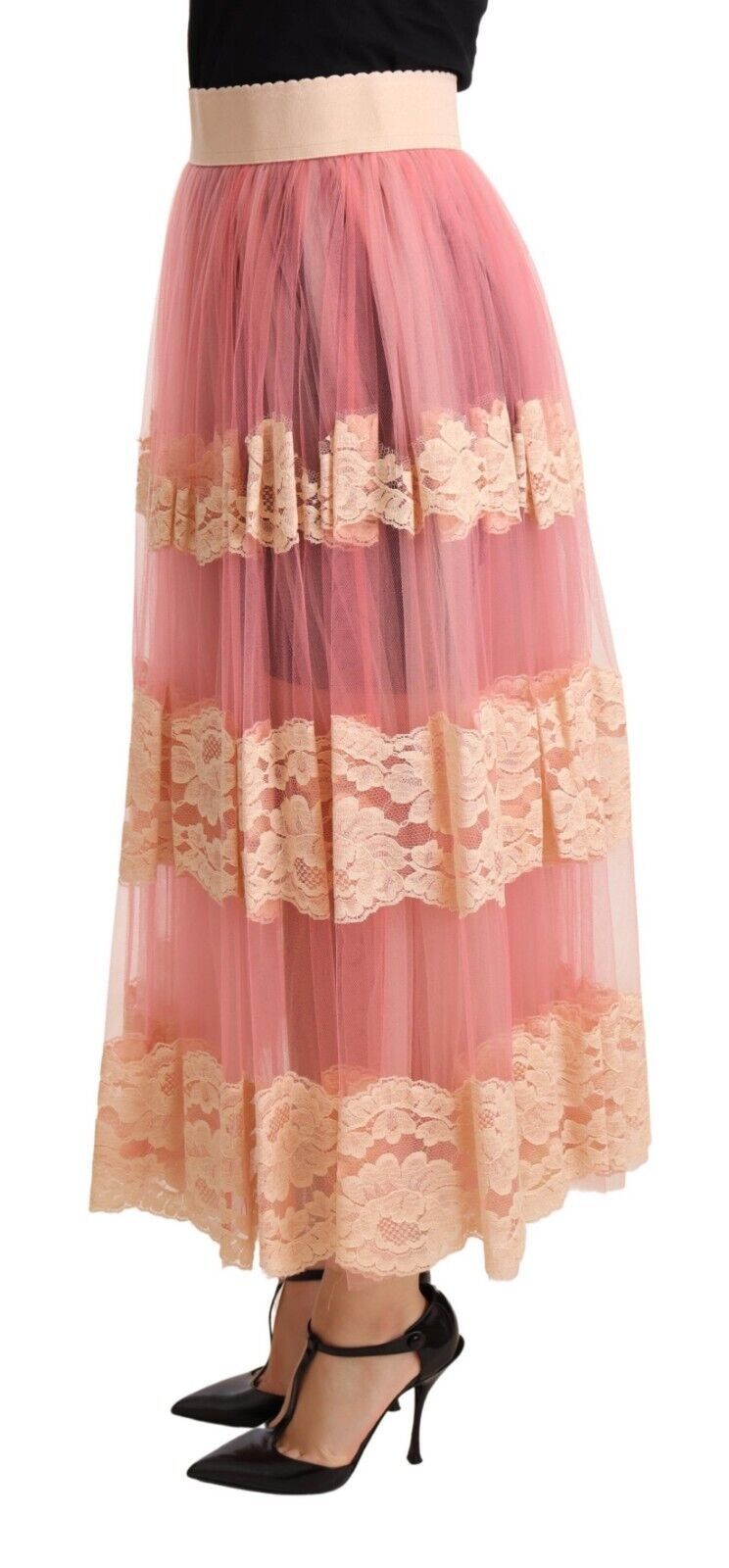 Dolce & Gabbana Elegant Pink High Waist Lace Midi Skirt