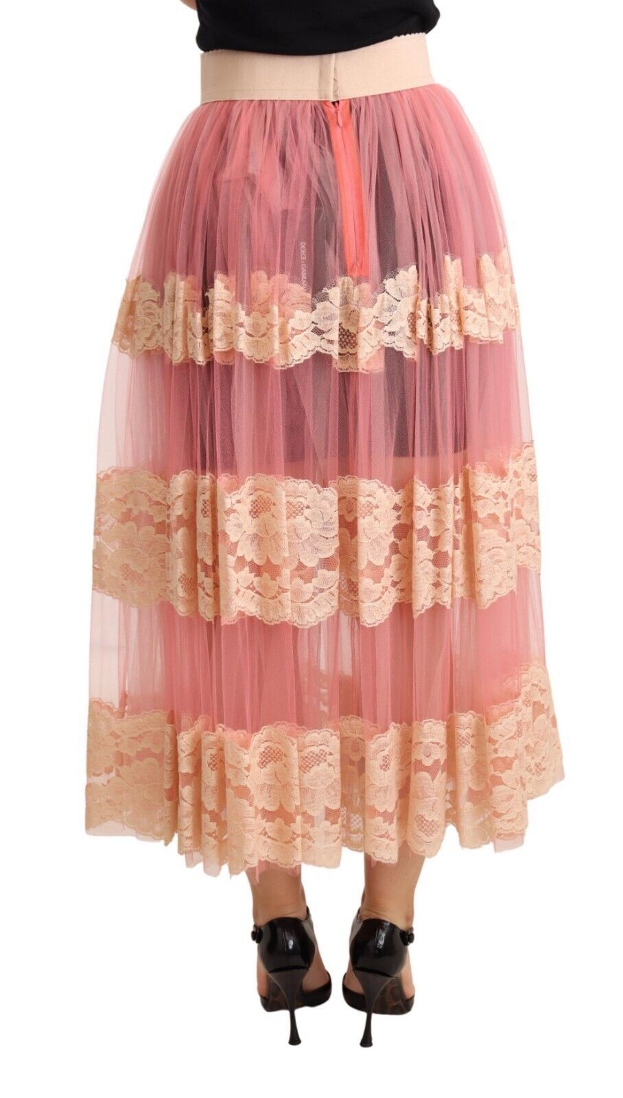 Dolce & Gabbana Elegant Pink High Waist Lace Midi Skirt