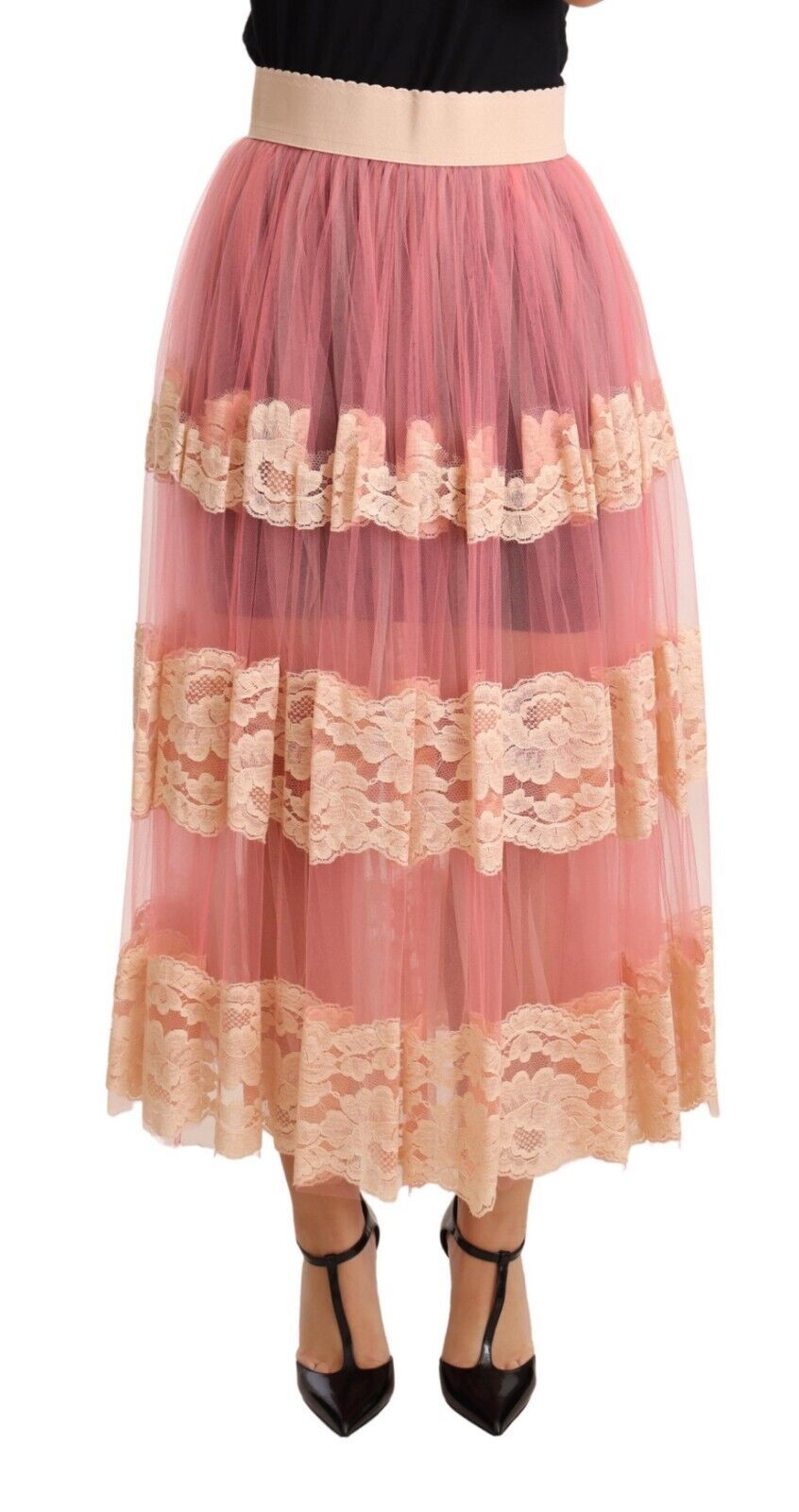 Dolce & Gabbana Elegant Pink High Waist Lace Midi Skirt