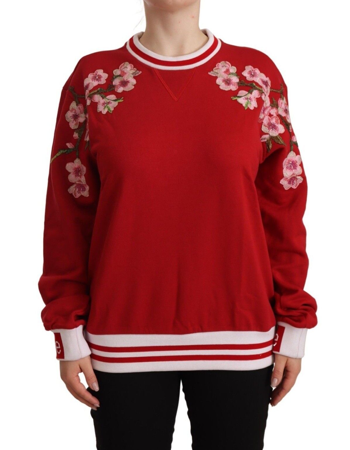 Dolce & Gabbana Elegant Red Crewneck Pullover with Floral Motif