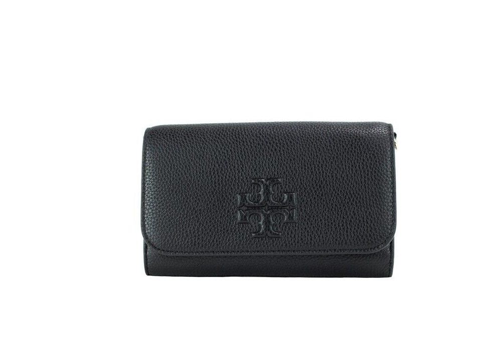 Tory Burch Thea Small Black Pebble Leather Flat Wallet Crossbody Handbag