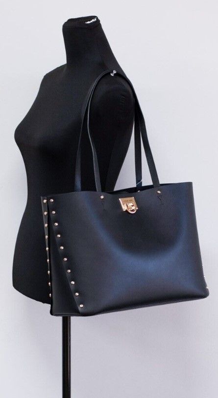 Michael Kors Manhattan Large Black Smooth Leather Studded Shoulder Tote Handbag