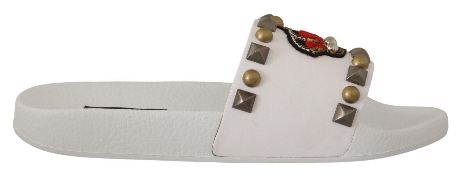 Dolce & Gabbana Regal White Leather Slides with Crown Patch