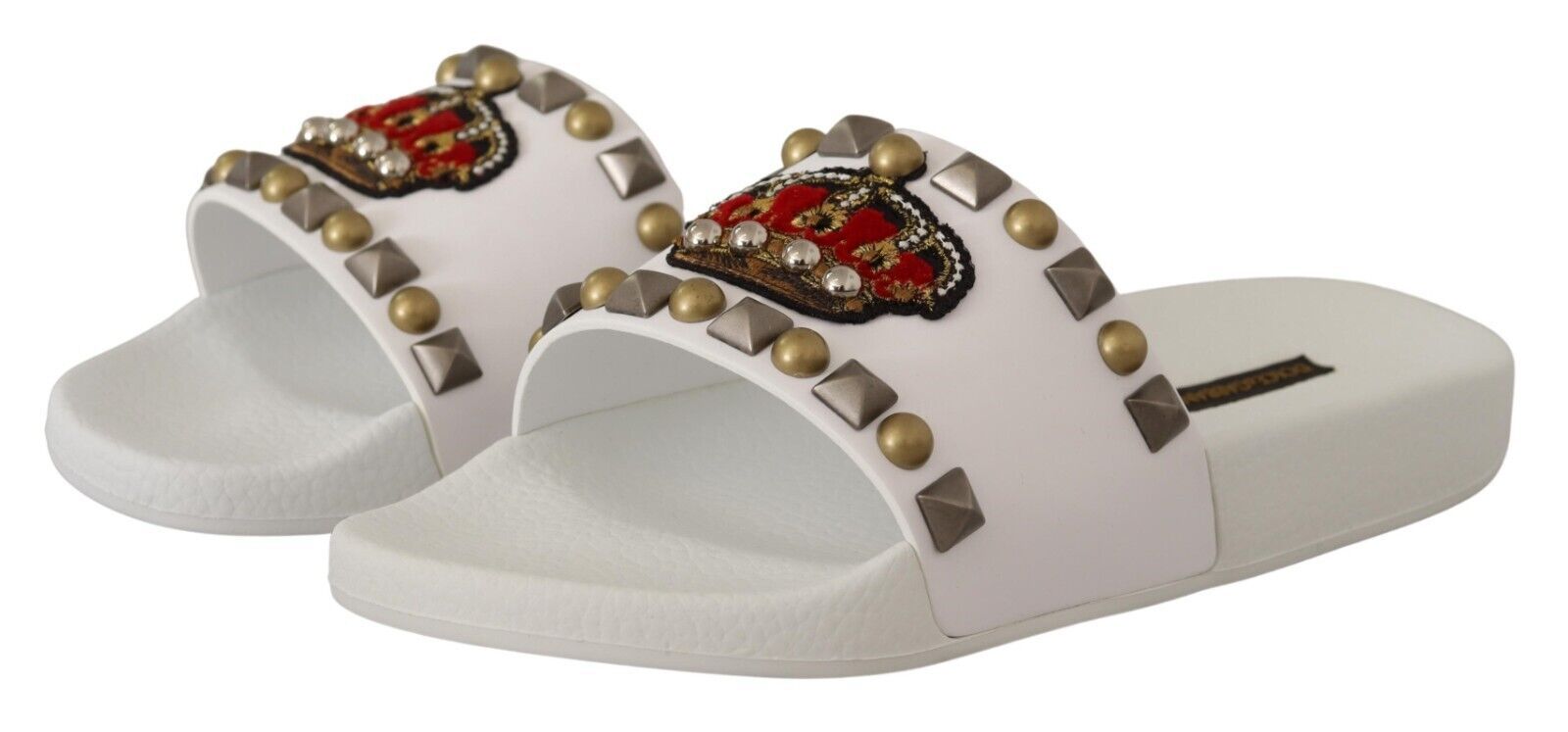 Dolce & Gabbana Regal White Leather Slides with Crown Patch