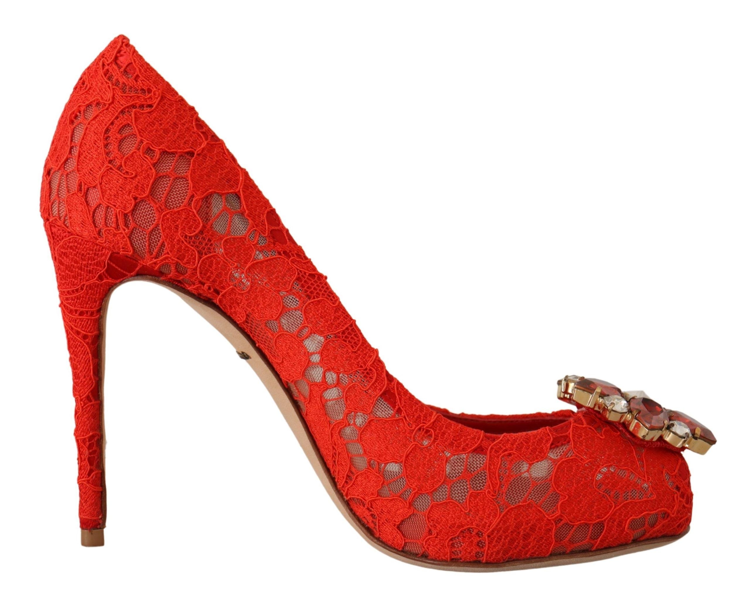 Dolce & Gabbana Red Crystal Taormina Lace Heels Pumps