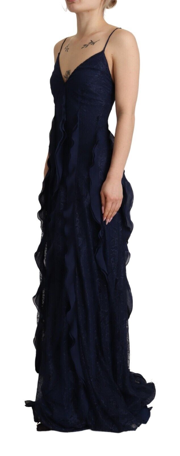 Blumarine Elegant Navy Blue Sweetheart Ruffled Dress