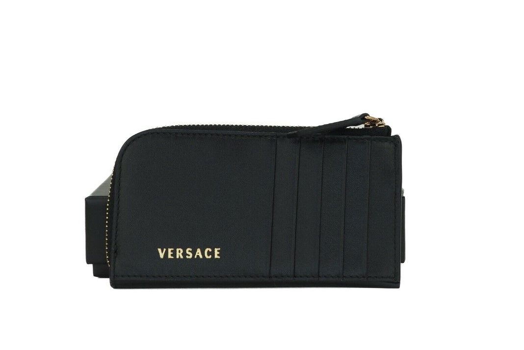 Versace Black Smooth Leather Multi Medusa Head Organizer Zip Card Case Wallet