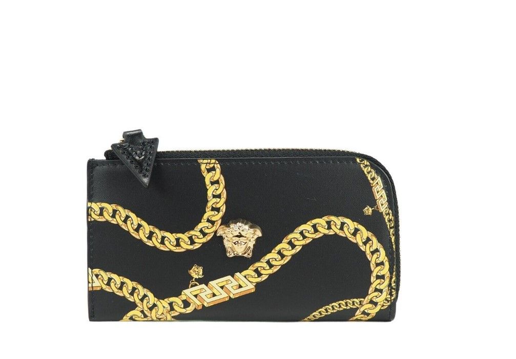 Versace Black Smooth Leather Medusa Head Chain Organizer Zip Card Case Wallet