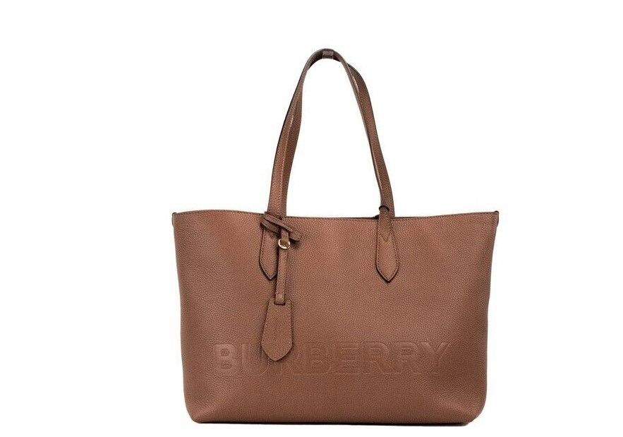 Burberry Ardwell Medium Tan Logo Pebbled Leather Shoulder Tote Handbag Purse Brown