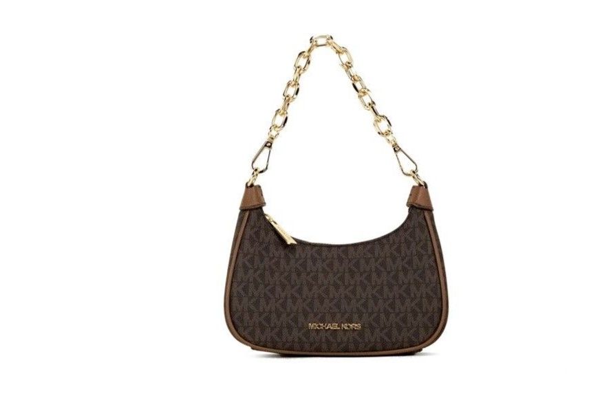 Michael Kors Cora Mini Brown Signature PVC Zip Pouchette Crossbody Handbag Purse