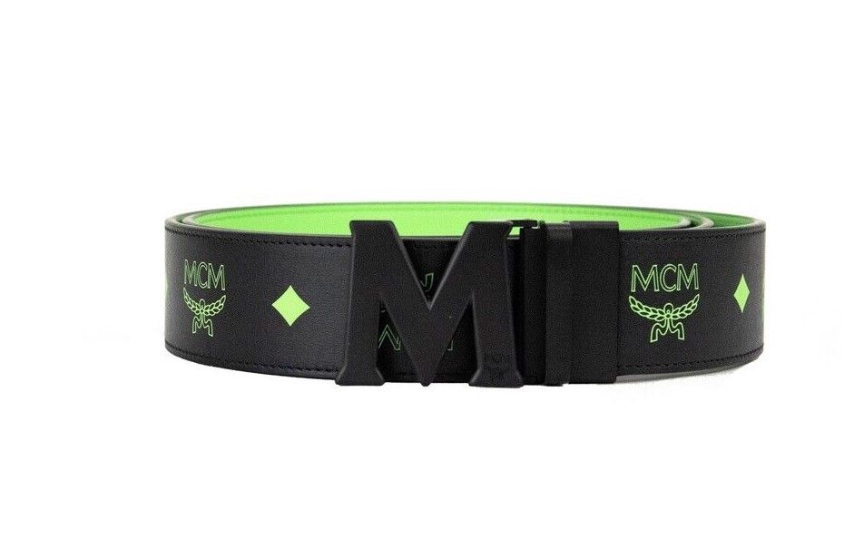 MCM Smooth Visetos Logo Summer Green Leather Adjustable Reversible M Buckle Belt