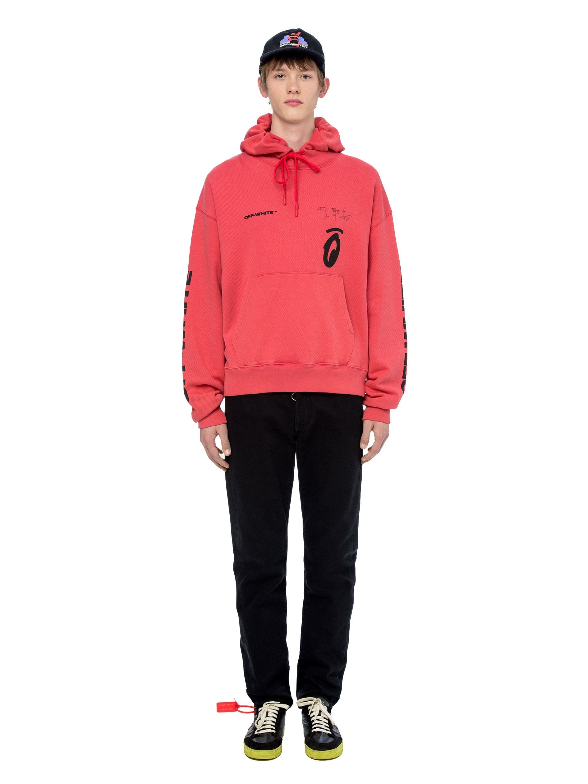 Off-White Red Hooded Cotton Sweatshirt with Graphic Print