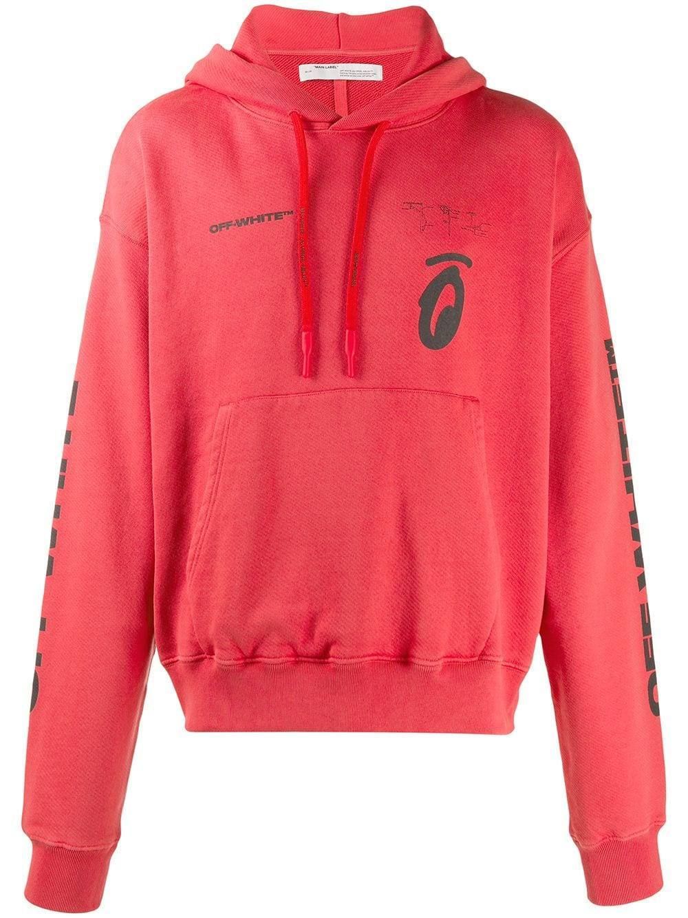 Off-White Red Hooded Cotton Sweatshirt with Graphic Print