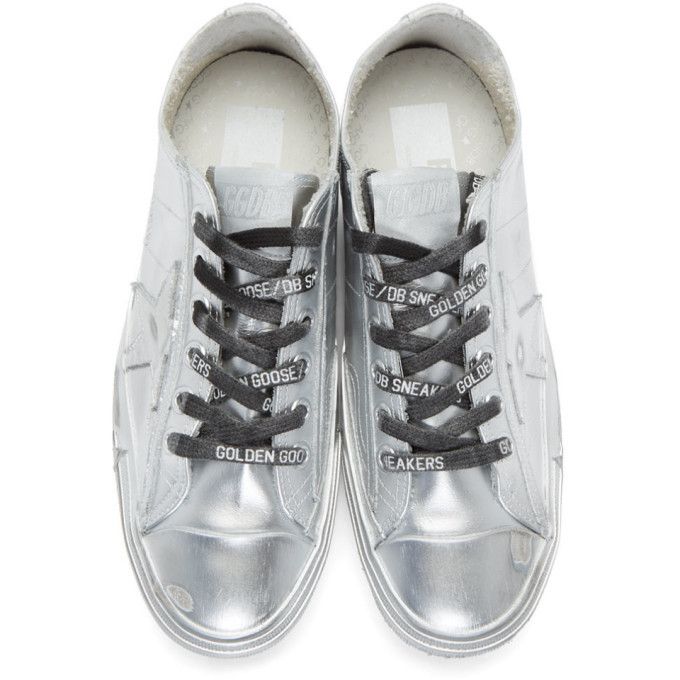 Golden Goose Metallic Silver Distressed Leather Sneakers