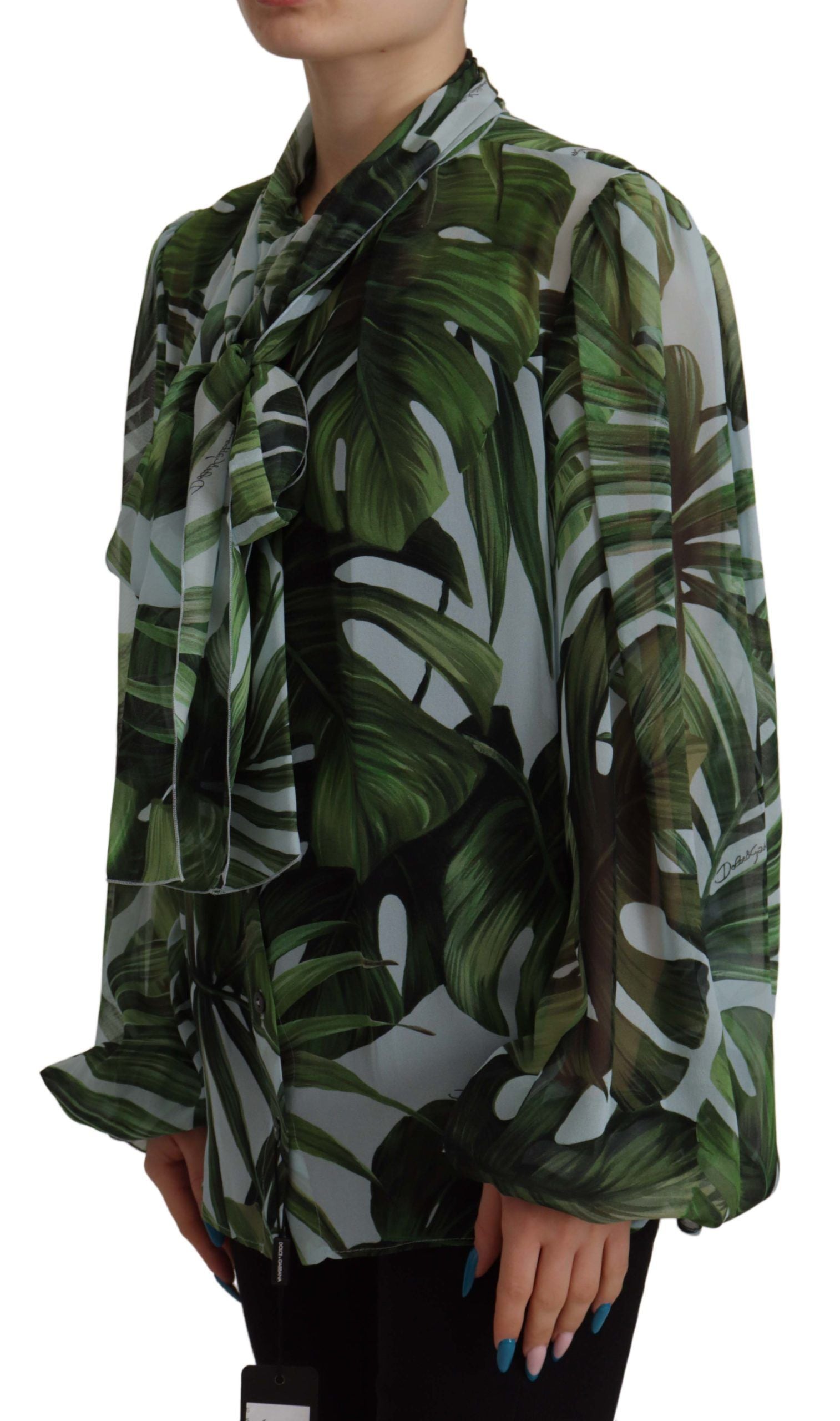 Dolce & Gabbana Elegant Silk Leaf Print Ascot Blouse