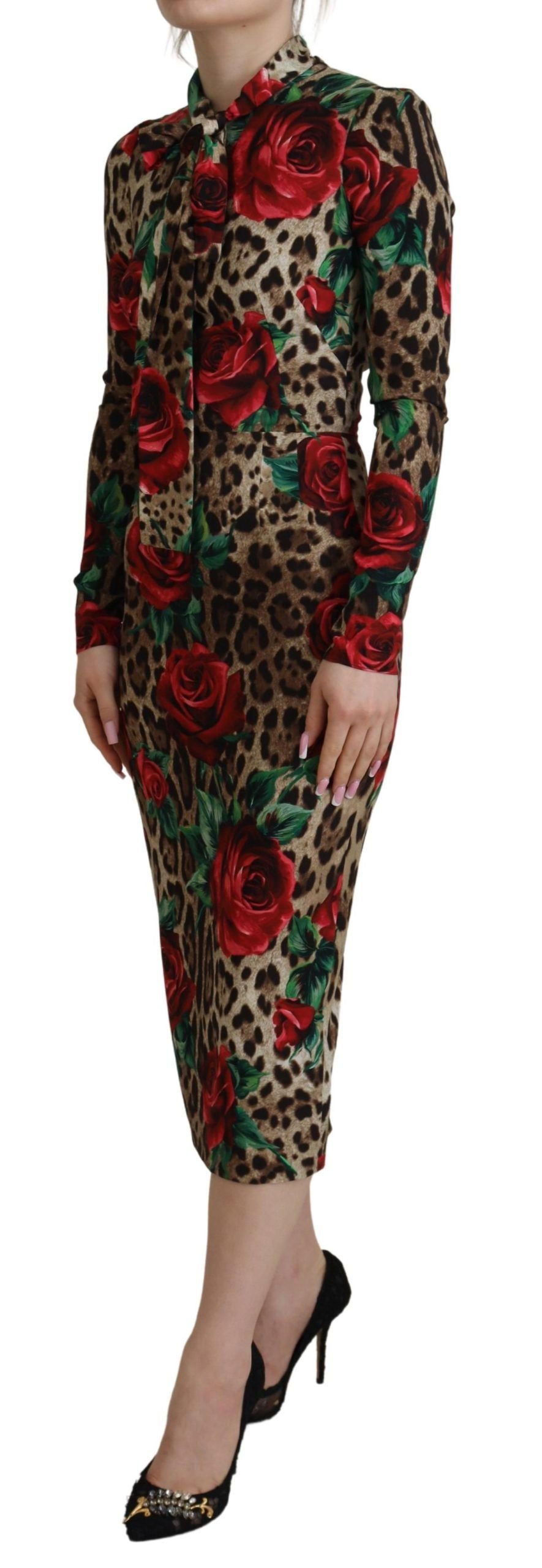 Dolce & Gabbana Chic Leopard Rose Silk Bodycon Dress