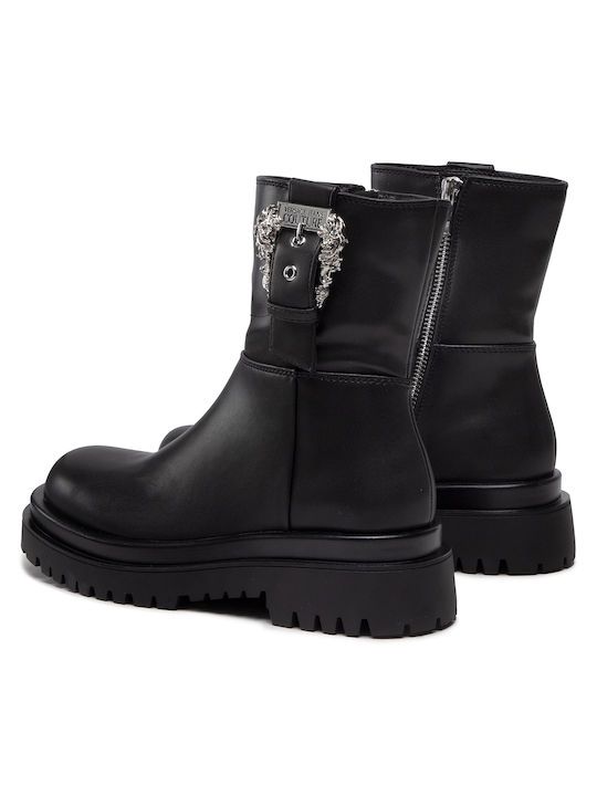 Versace Jeans Elegant Black Ankle Boots with Baroque Buckle