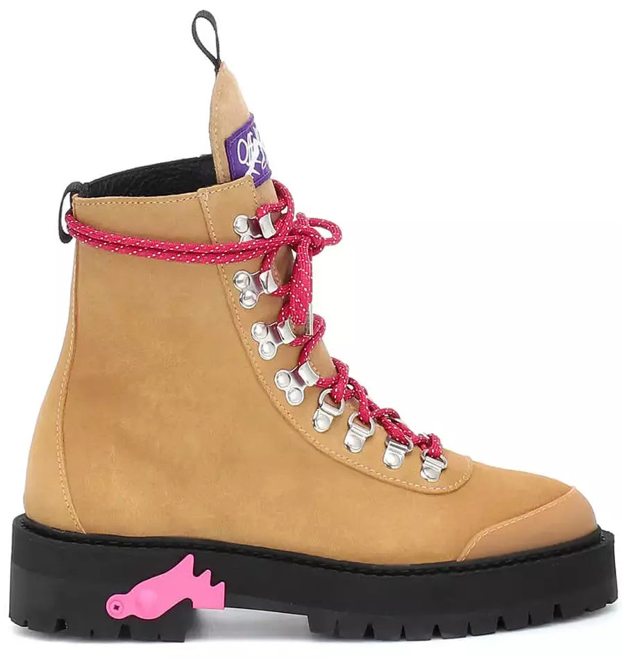 Off-White Elegant Suede Trekking Ankle Boots with Pink Accents