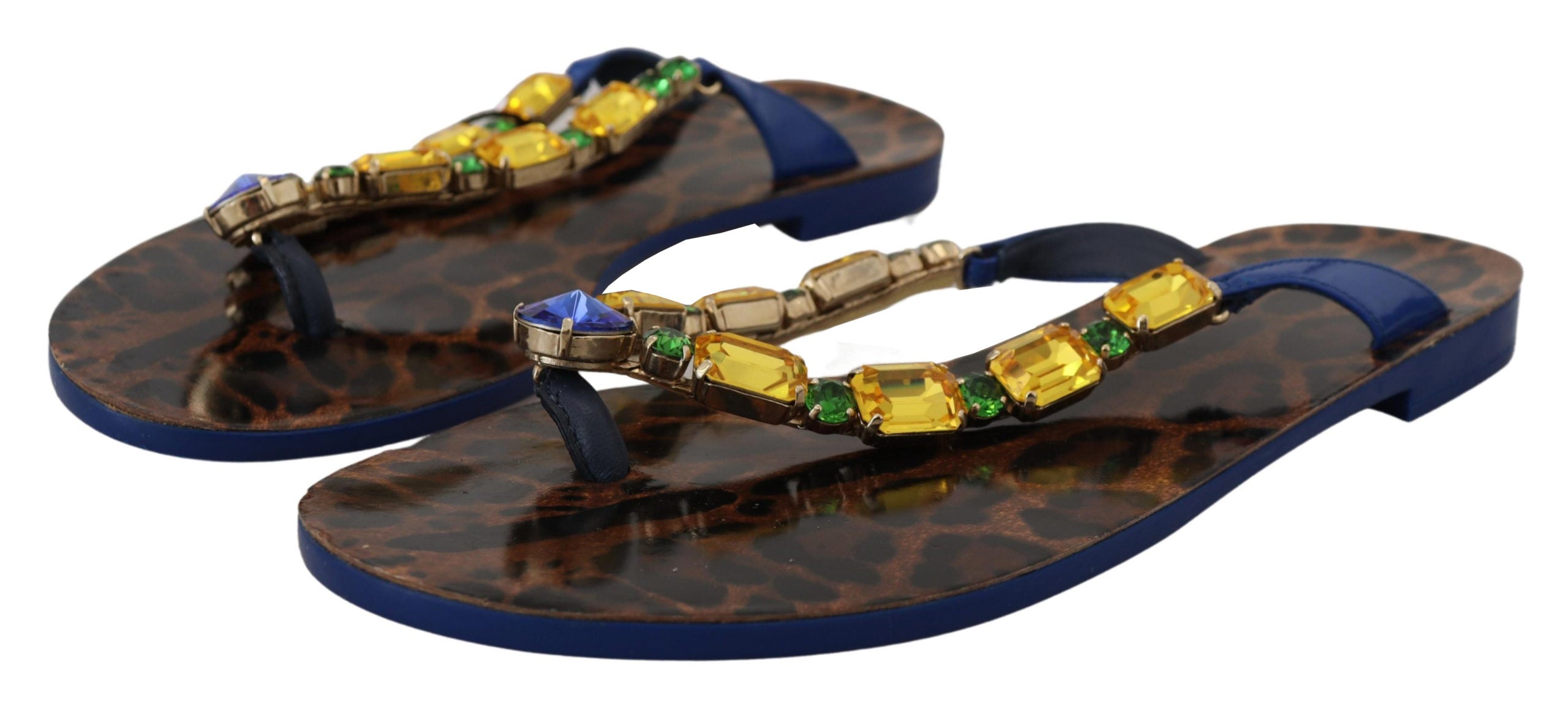 Dolce & Gabbana Blue Leopard Crystal Embellished Sandals