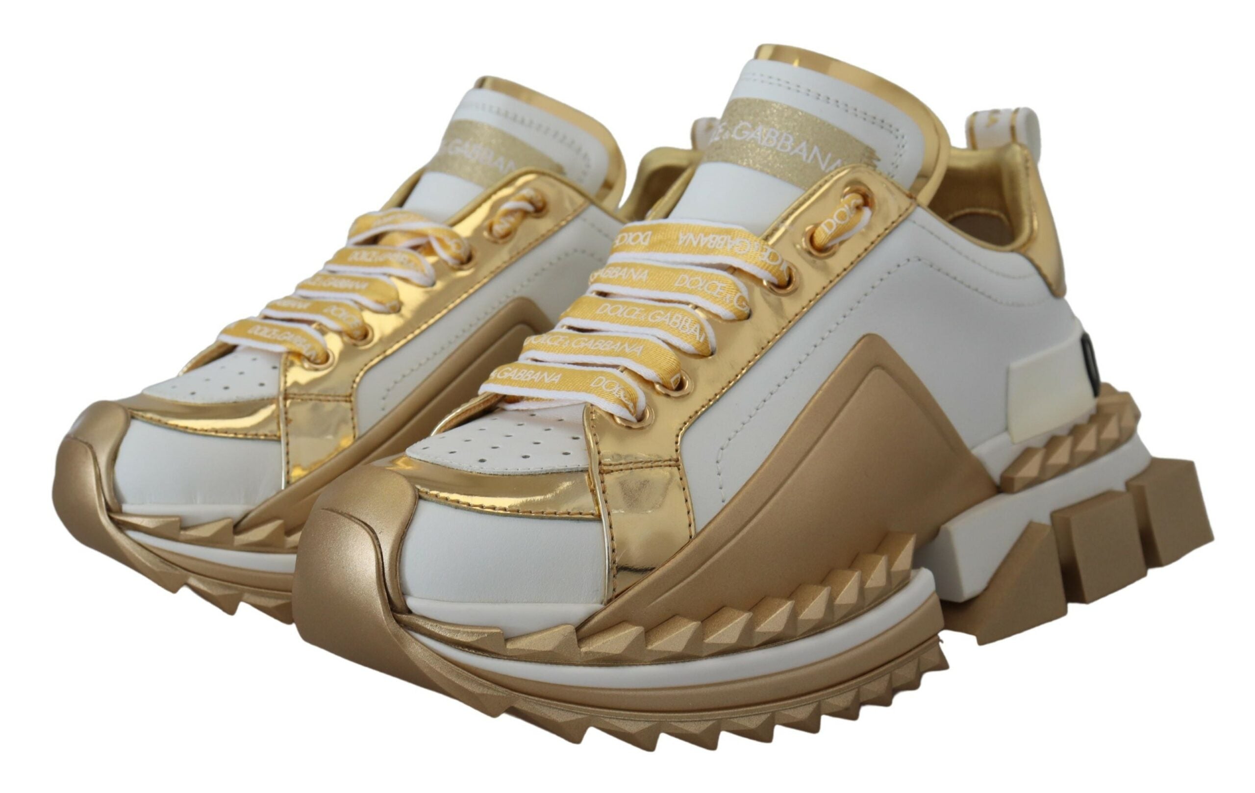 Dolce & Gabbana Chic White & Gold Leather Super Queen Sneakers