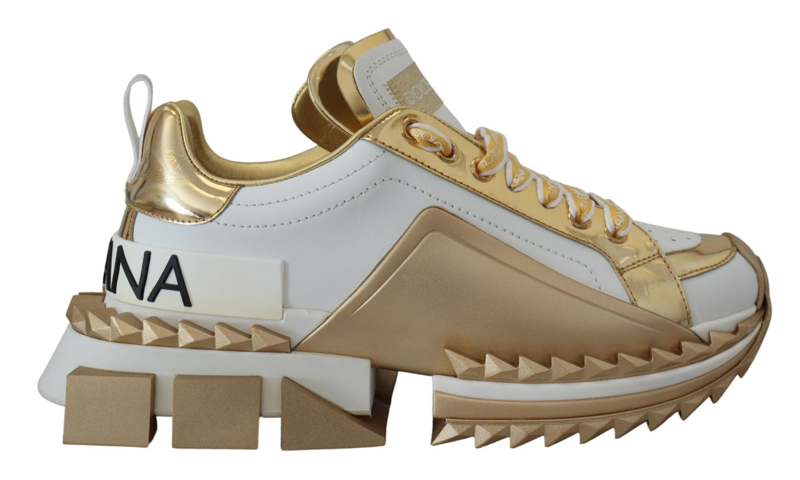 Dolce & Gabbana Chic White & Gold Leather Super Queen Sneakers