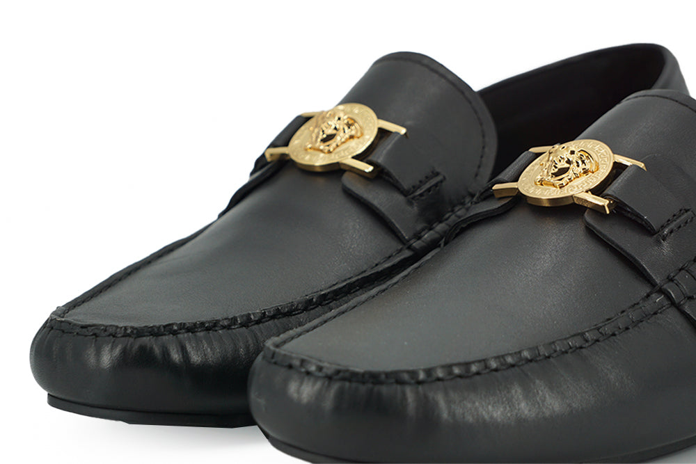 Versace Elegant Black Calf Leather Loafers