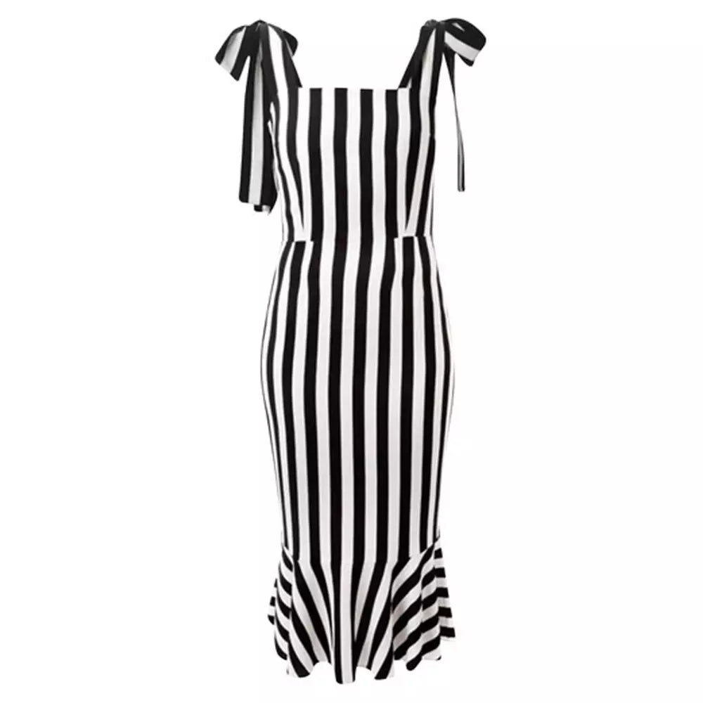 Dolce & Gabbana Black and White Striped Midi Dress with Ruffles