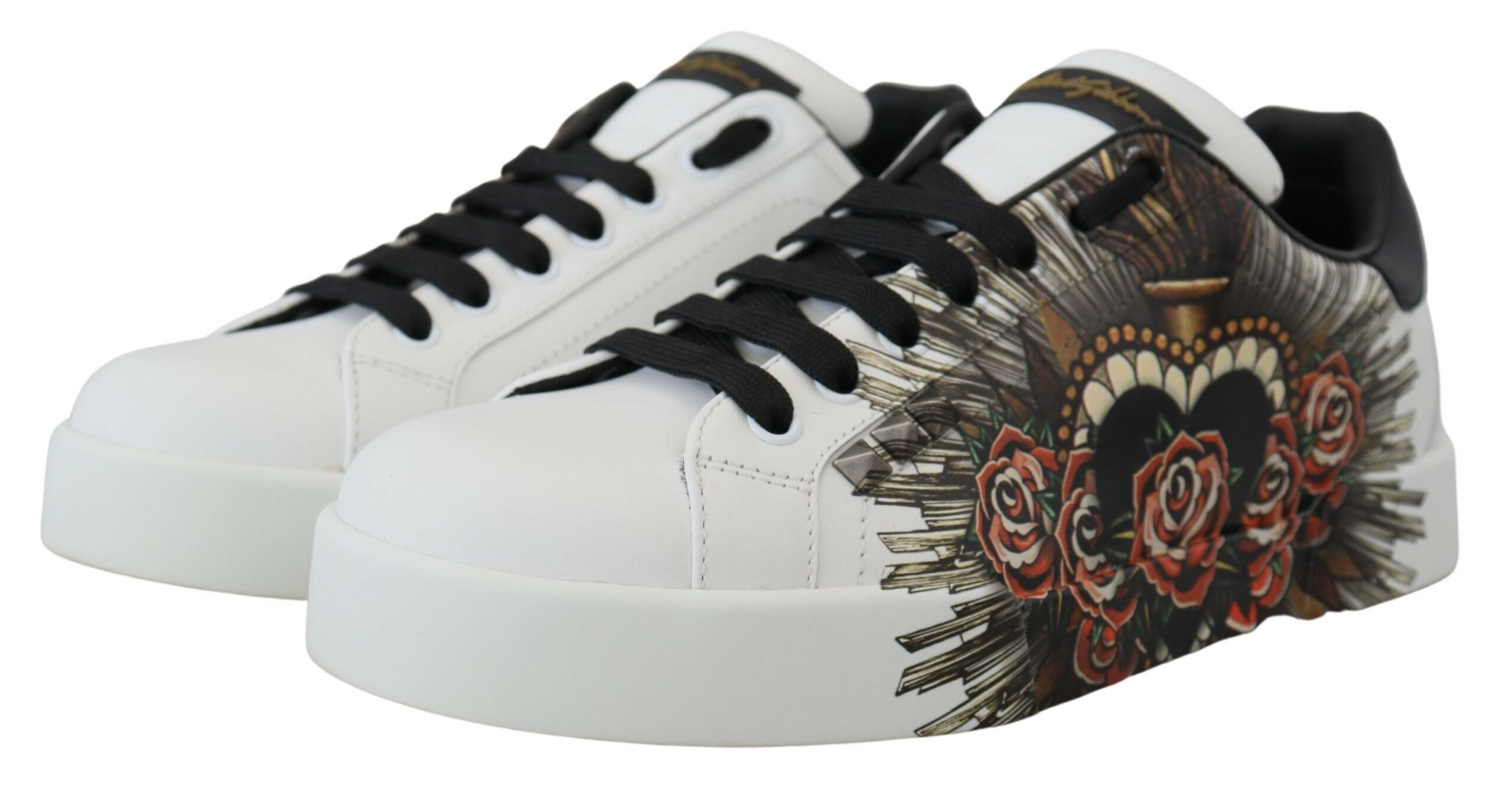 Dolce & Gabbana Elegant White Leather Sneakers with Heart Roses Detail