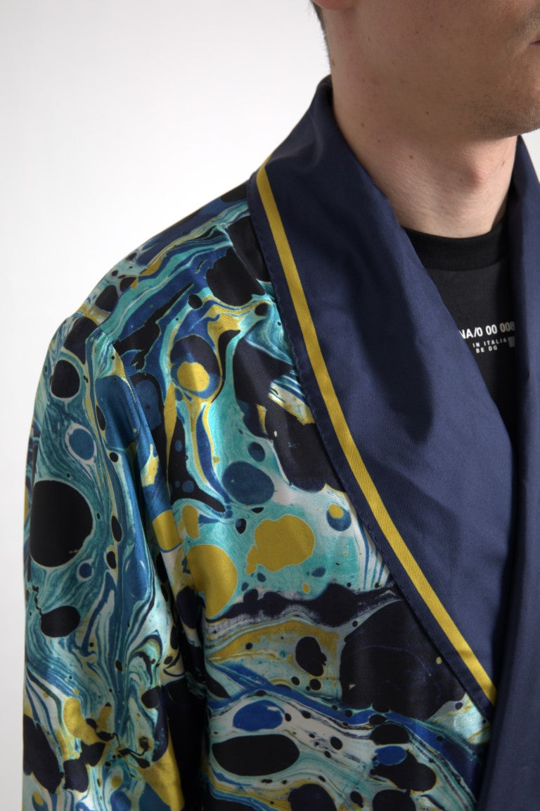 Dolce & Gabbana Marble Blue Silk Long Robe Luxury Sleepwear