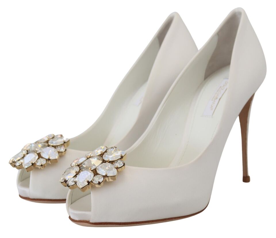 Dolce & Gabbana Crystal-Embellished White Peep Toe Heels