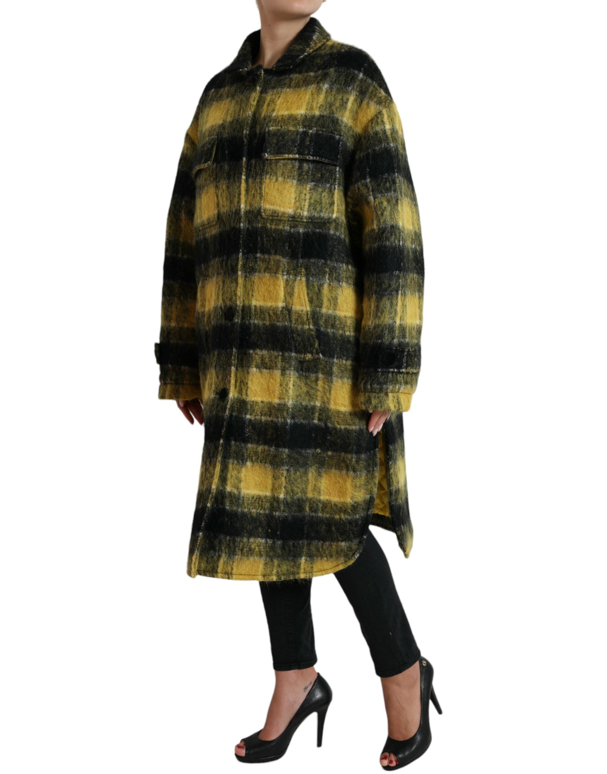 Dolce & Gabbana Chic Plaid Long Coat in Sunshine Yellow