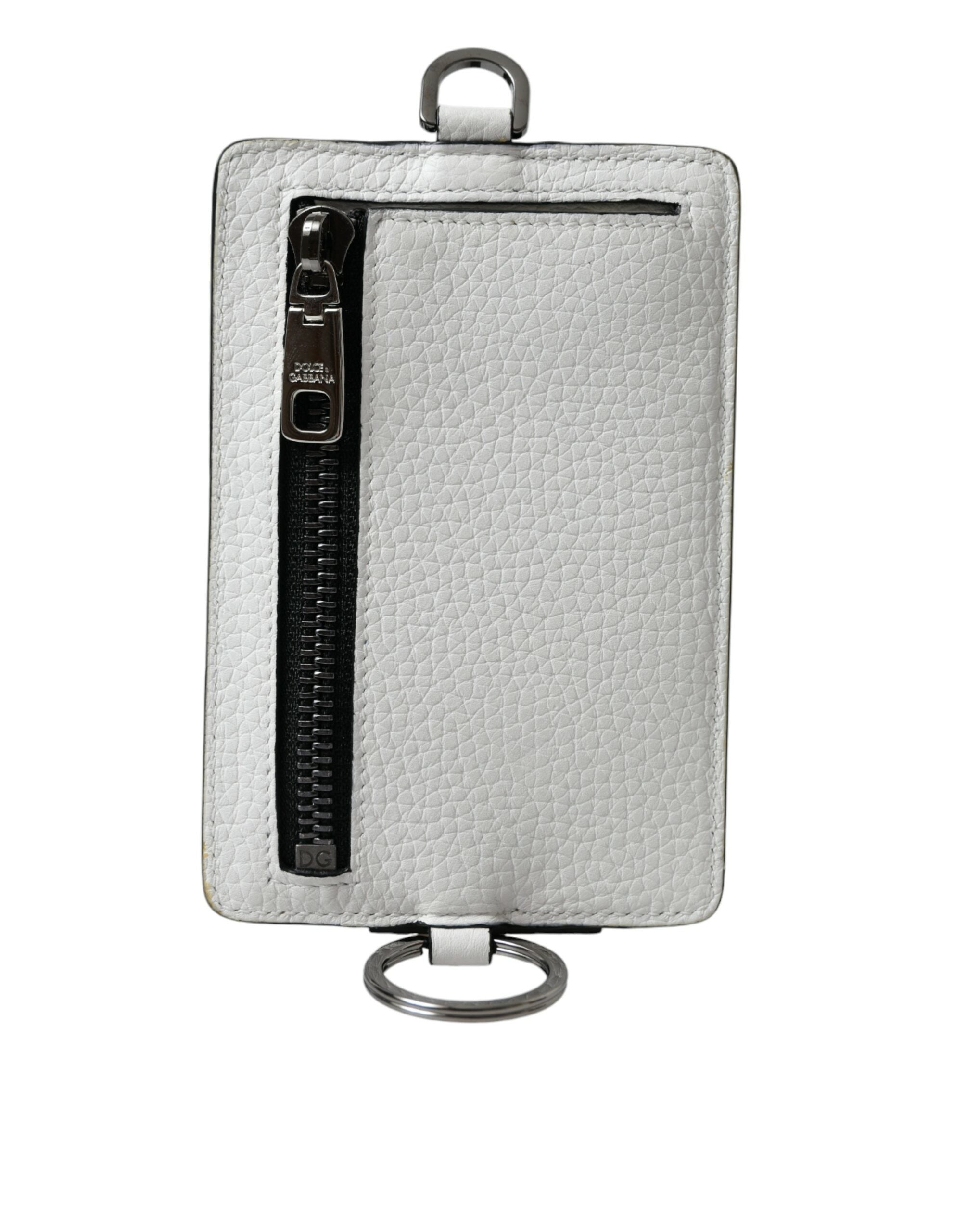 Dolce & Gabbana White Calf Leather Lanyard Logo Card Holder Wallet