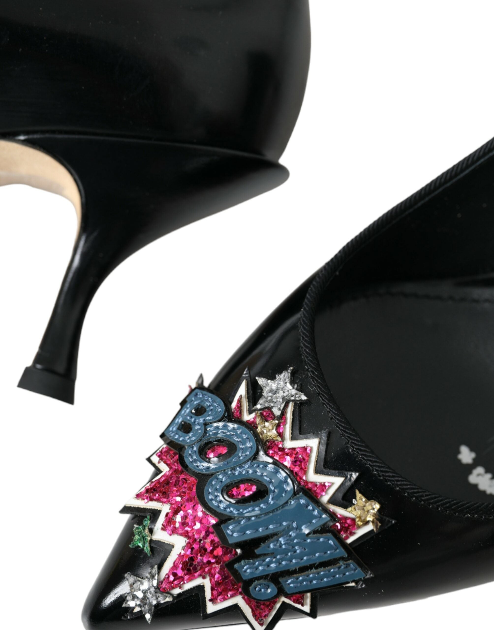 Dolce & Gabbana Black Leather BOOM Patch Heels Pumps Shoes