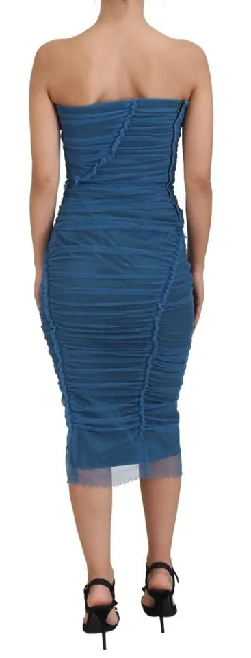 Dolce & Gabbana Blue Mesh Trim Ruched Tulle Sheath Dress