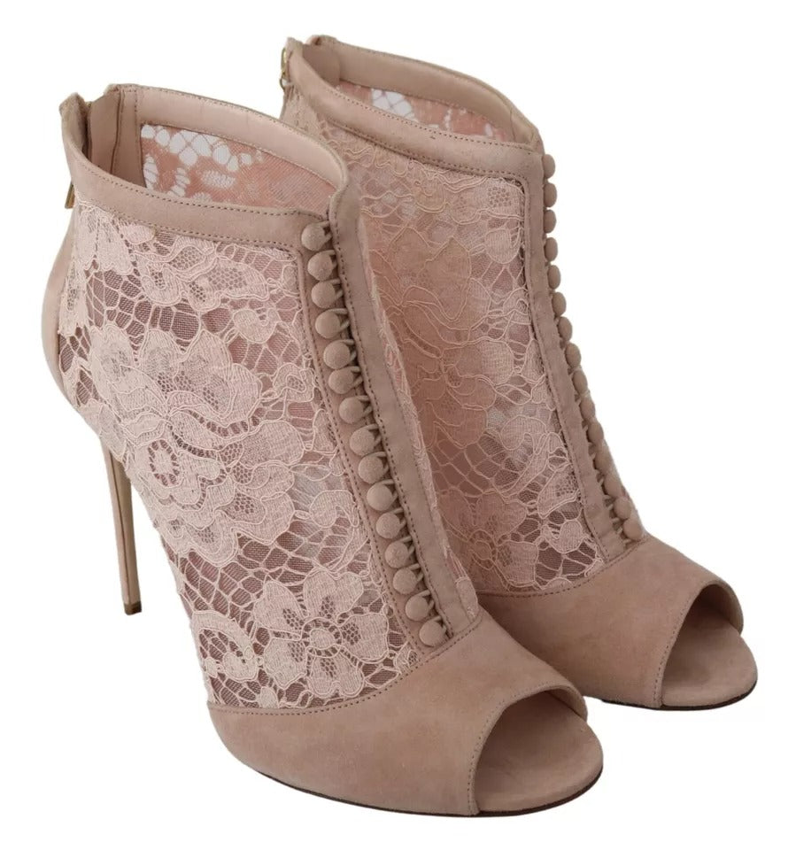 Dolce & Gabbana Beige Lace Suede Peep Toe Ankle Boots Shoes