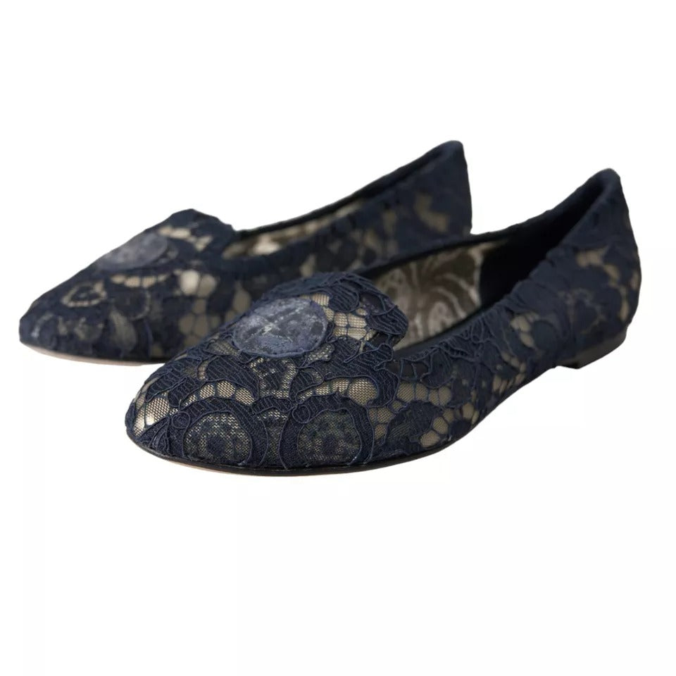 Dolce & Gabbana Dark Blue Taormina Lace Slip On Flats Shoes