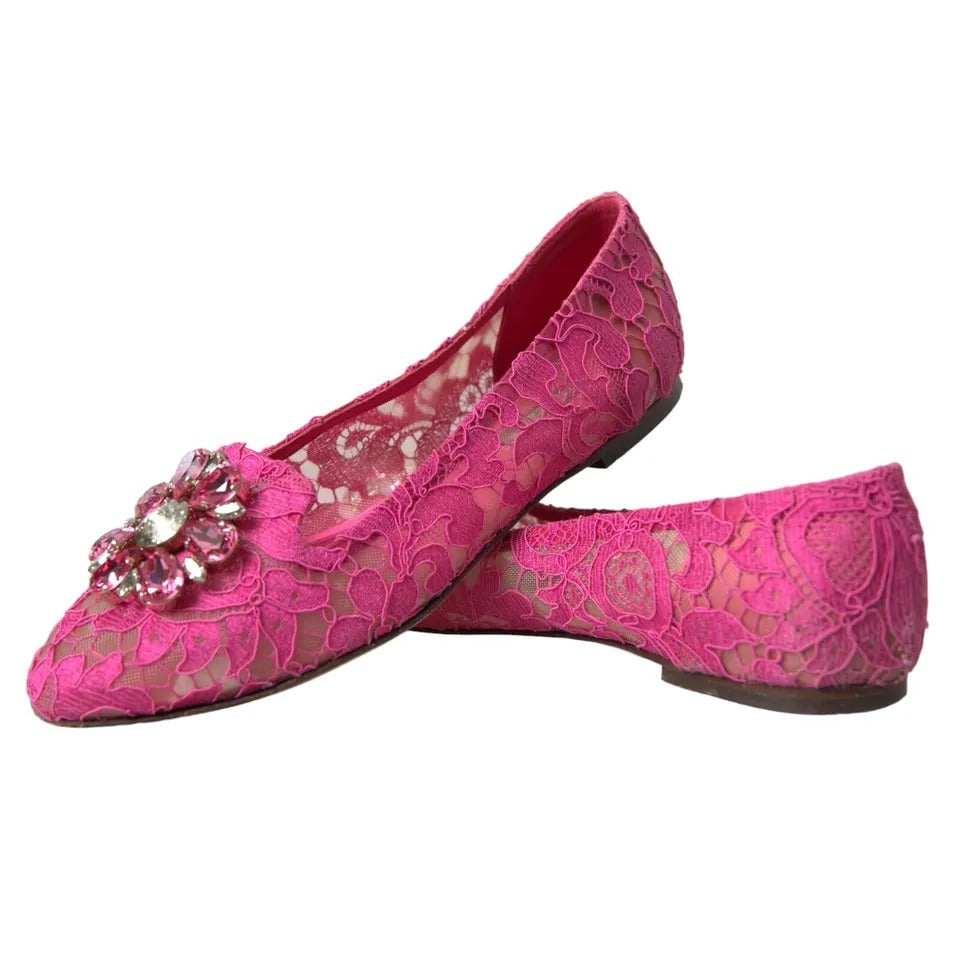 Dolce & Gabbana Pink Lace Crystal Ballet Loafers Shoes