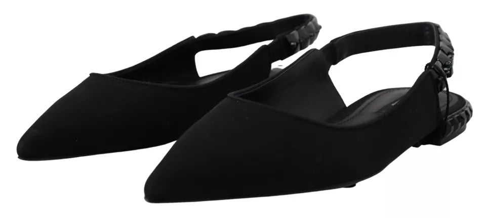 Dolce & Gabbana Black Flats Crystal Slingback Charmeuse Shoes