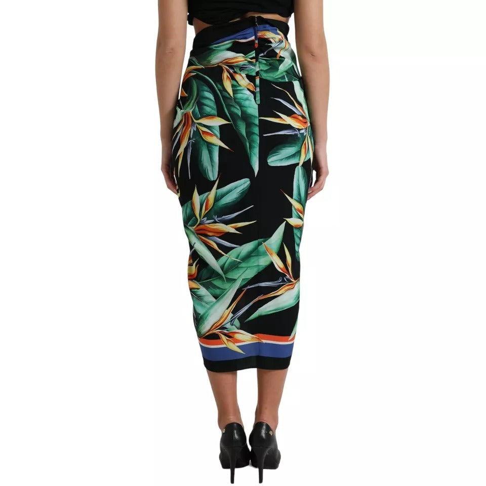 Dolce & Gabbana Black Strelitzia High Waist Wrap Midi Skirt