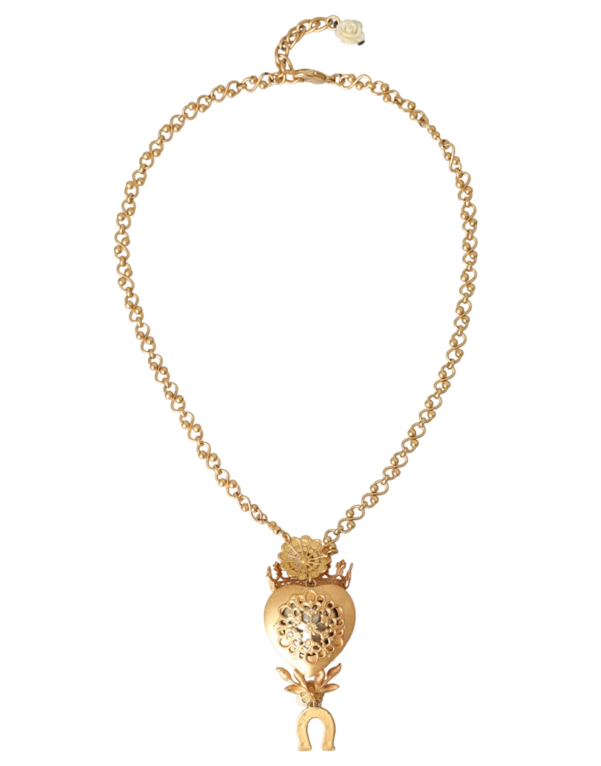 Dolce & Gabbana Gold Brass Chain Sacred Heart Crystal Charm Necklace