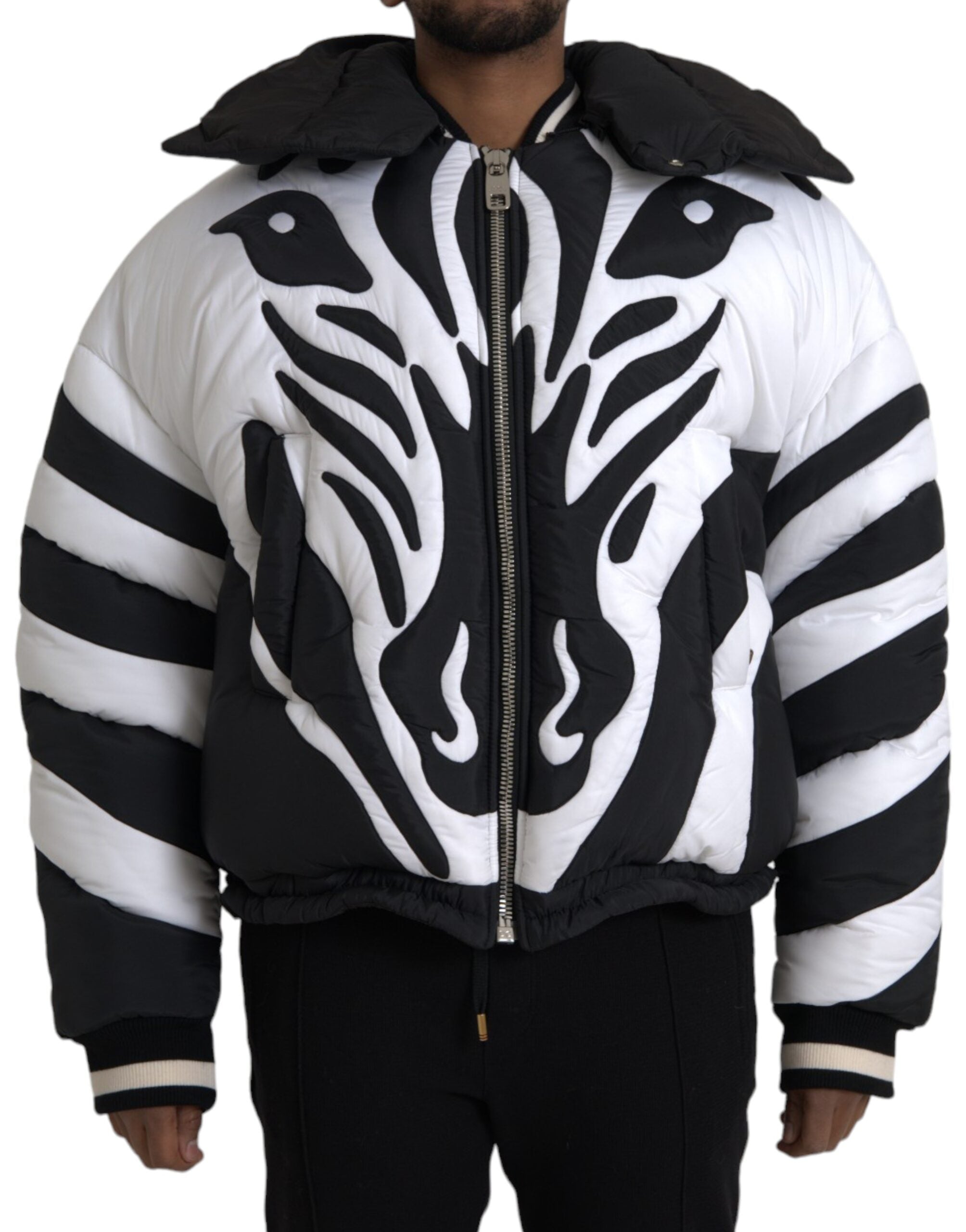 Dolce & Gabbana Black White Stripes Hooded Puffer Jacket