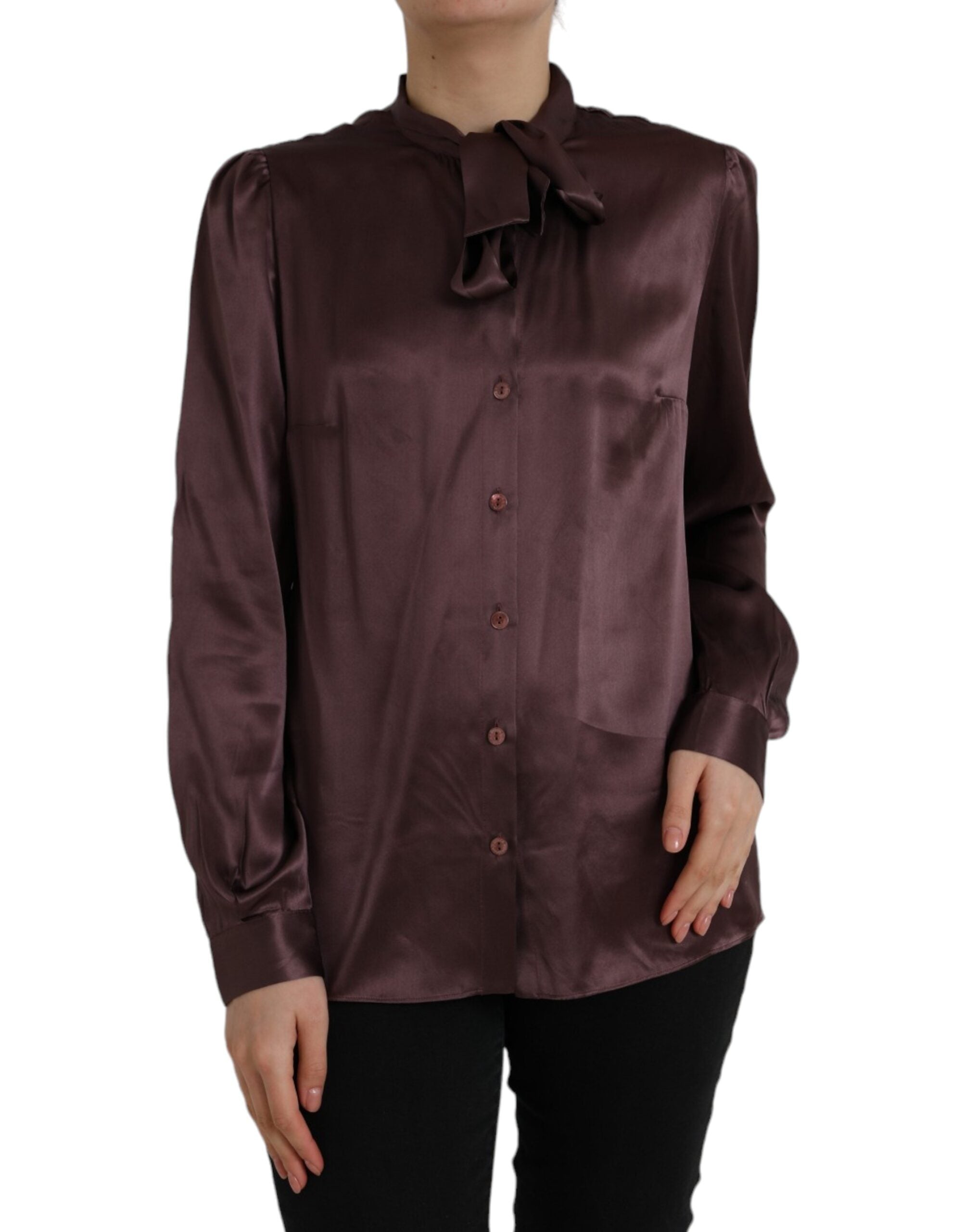 Dolce & Gabbana Brown Ascot Collar Long Sleeve Top Blouse