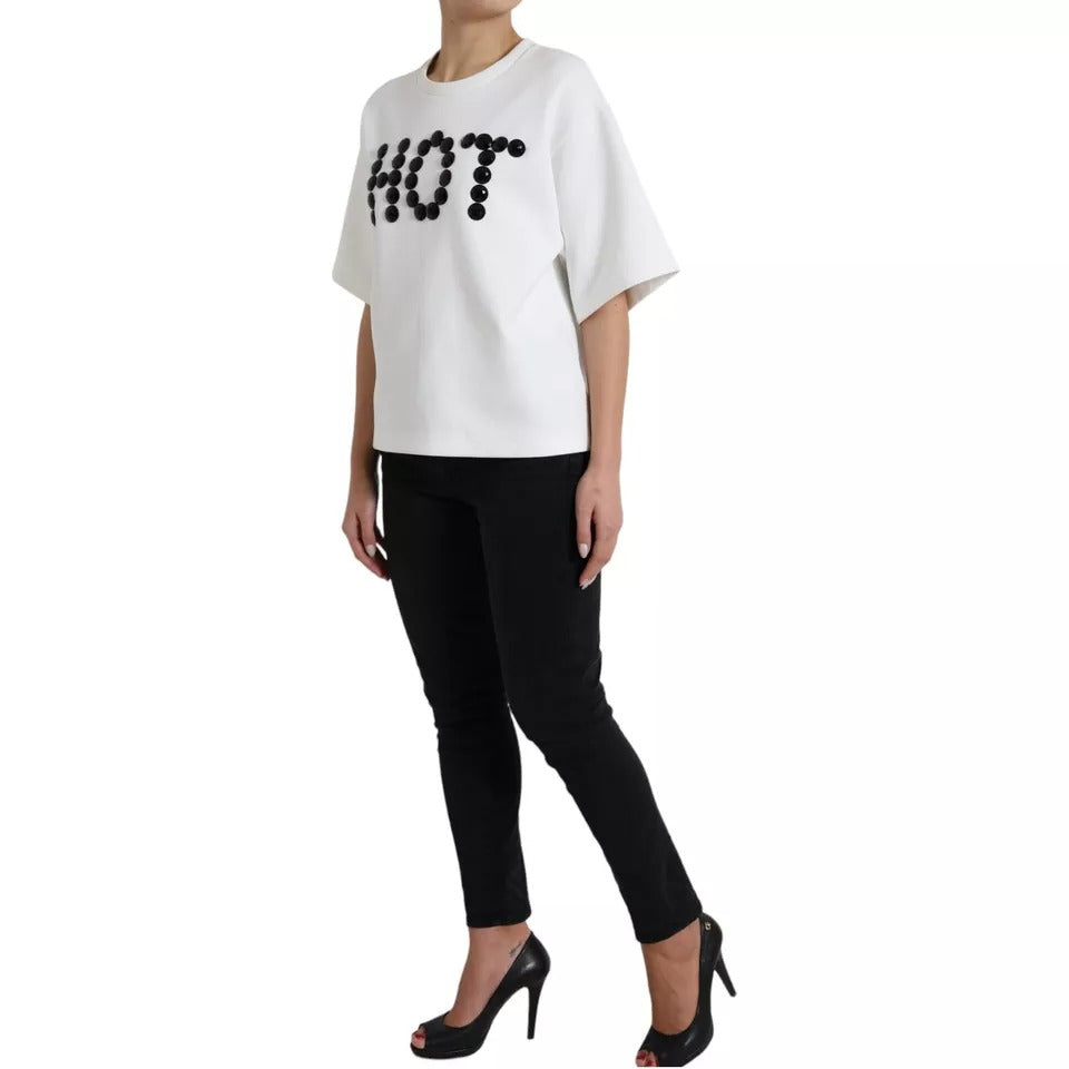 Dolce & Gabbana White Cotton Black HOT Crystal Top T-shirt